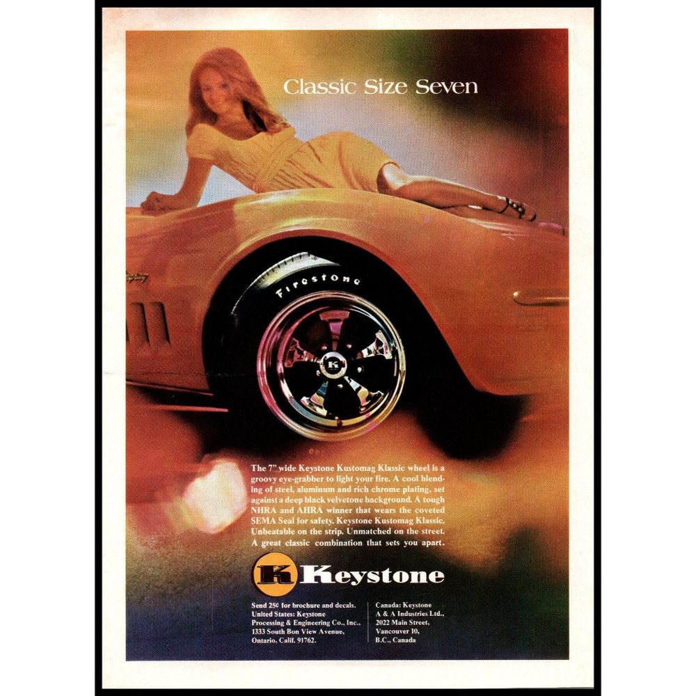 1971 Keystone Kustomag Klassic Wheel Vintage Print Ad Corvette Stingray Redhead